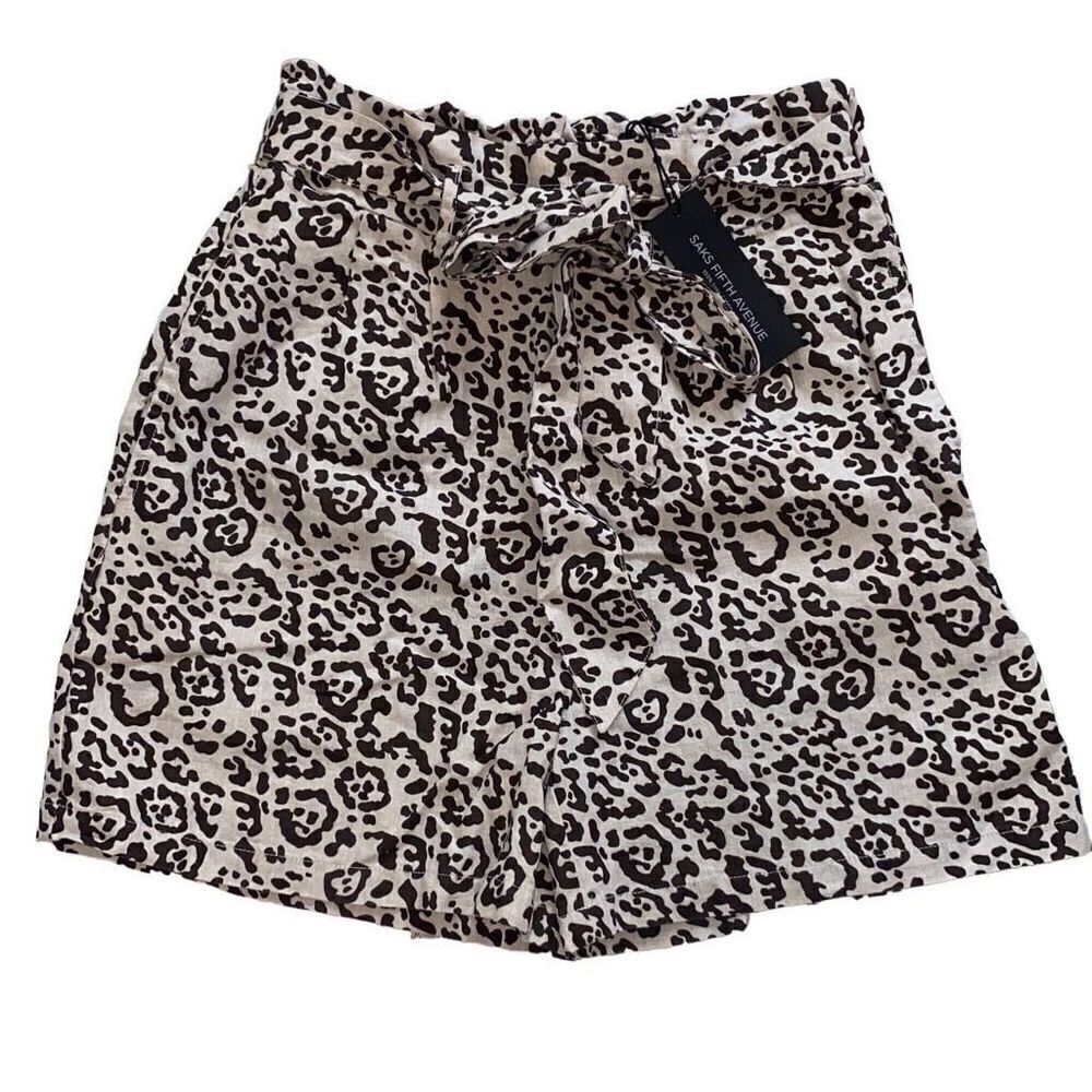 Saks Fifth Avenue NWT 100% Linen Paperbag Shorts Mob Wife Leopard Print Small